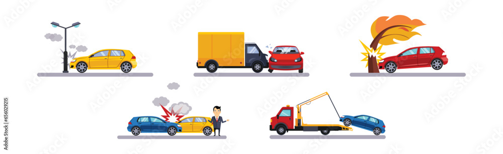 Car Accident on the Road and Traffic Incident Vector Set