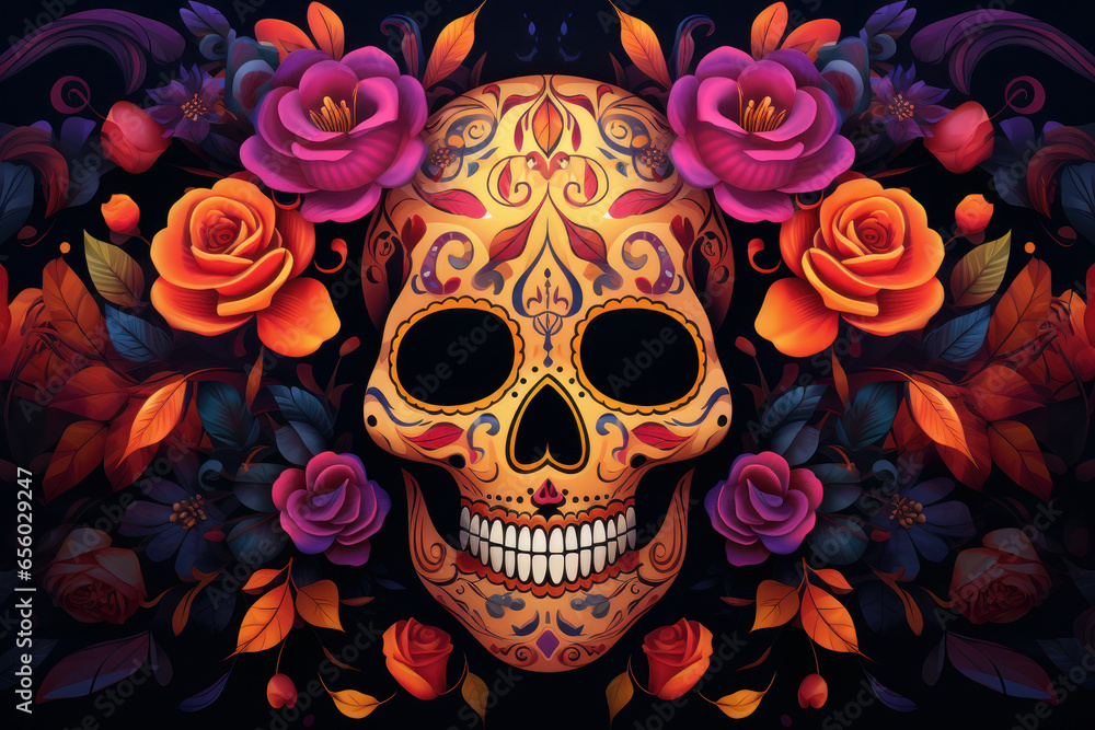 Colorful skull. Day of the dead festival concept. Ai generated. Colorful skull. Day of the dead festival concept. Ai generated.