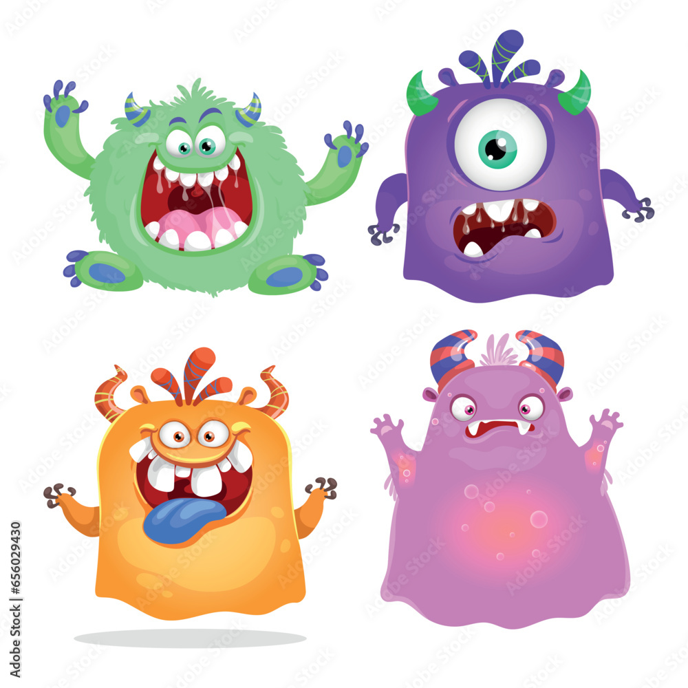 Fototapeta premium Cute cartoon Monsters set. Goblins, trolls and aliens. Halloween and birthday party characters. Vector illustrations collection.