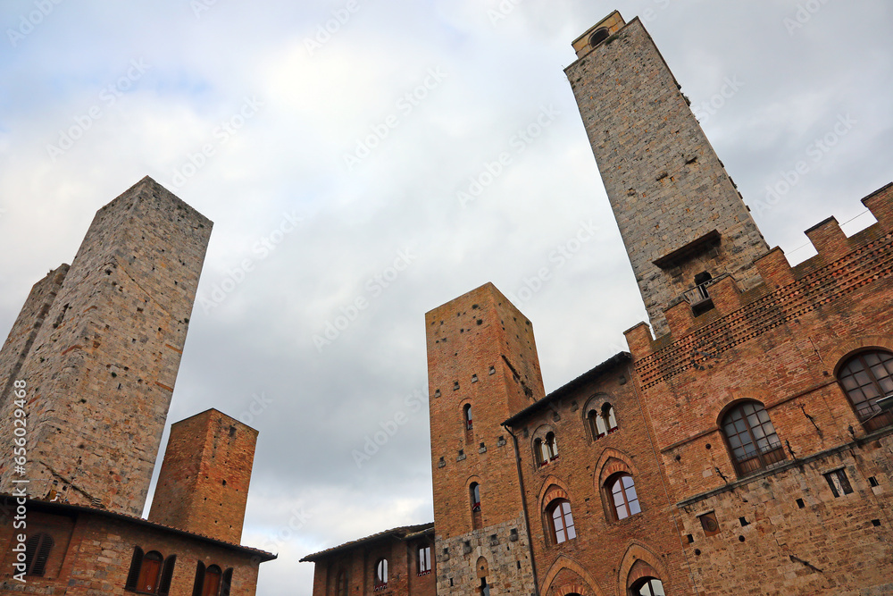 Five ancient Towers in SAN GIMIGNANO Town near Siena in Central Italy