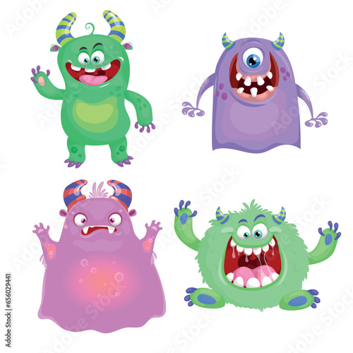 Cute cartoon Monsters set. Goblins  trolls and aliens. Halloween and birthday party characters. Vector illustrations collection.