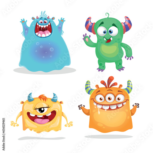 Cute cartoon Monsters set. Goblins, trolls and aliens. Halloween and birthday party characters. Vector illustrations collection.