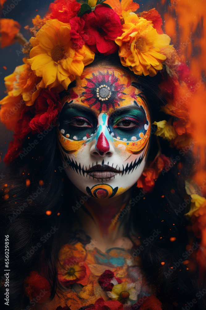 Colorful skull woman. Day of the dead festival concept. Ai generated. Colorful skull woman. Day of the dead festival concept. Ai generated.