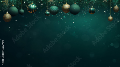 Christmas holiday banner template greeting card panorama - Group hanging gold and green Christmas balls, snowflakes, decorations on dark green, emerald background with plenty of copy space