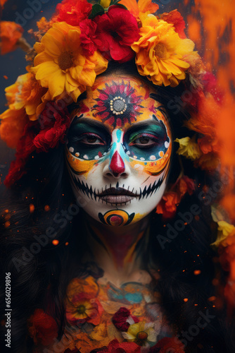 Colorful skull woman. Day of the dead festival concept. Ai generated.