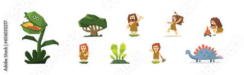 Prehistoric Stone Age People Characters and Caveman Vector Set
