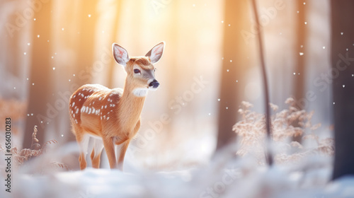A curious deer explores the snow amidst a winter scene. Cute deer in snow white landscape under daylight. Scene of the magic and delicacy of the season. © Vagner Castro