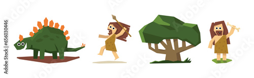 Prehistoric Stone Age People Characters and Caveman Vector Set