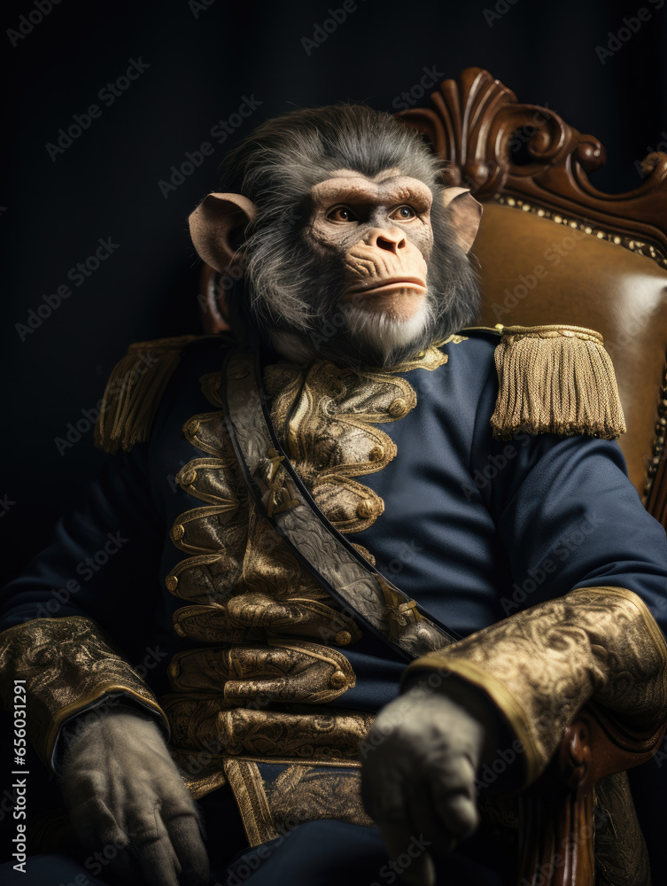 Portrait of a monkey in historical general's costume. Sitting in a chair Portrait of a monkey in historical general's costume. Sitting in a chair