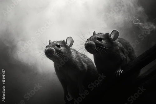 Black and white Photography of Rats in the Fog Carrier of the plague in the Middle AgesGenerative Ai
