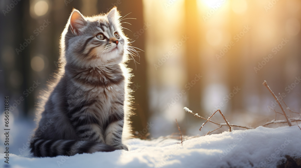 A curious gray kitten explores the snow amid winter scenery. Cute kitten in snow white landscape under daylight. Scene of the magic and delicacy of the season. - obrazy, fototapety, plakaty 