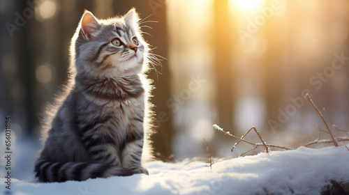 A curious gray kitten explores the snow amid winter scenery. Cute kitten in snow white landscape under daylight. Scene of the magic and delicacy of the season. photo