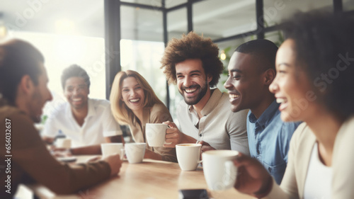 a group of multiracial friends meet in a coffee shop to share a fun time together drinking coffee and enjoying their friendship, showing that friendship has no borders. photo