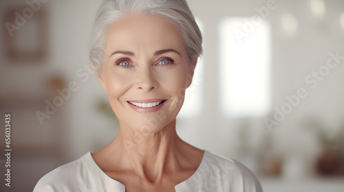 Adult woman with smooth healthy face skin. Beautiful aging mature woman with gray hair and happy smiling touch face. Beauty and cosmetics skincare advertising concept.