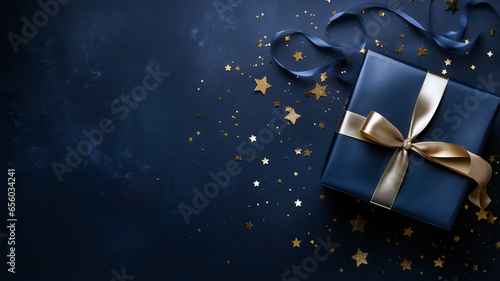 Dark blue gift box with elegant gold ribbon on dark background. Greeting gift with copy space for Christmas present, holiday or birthday