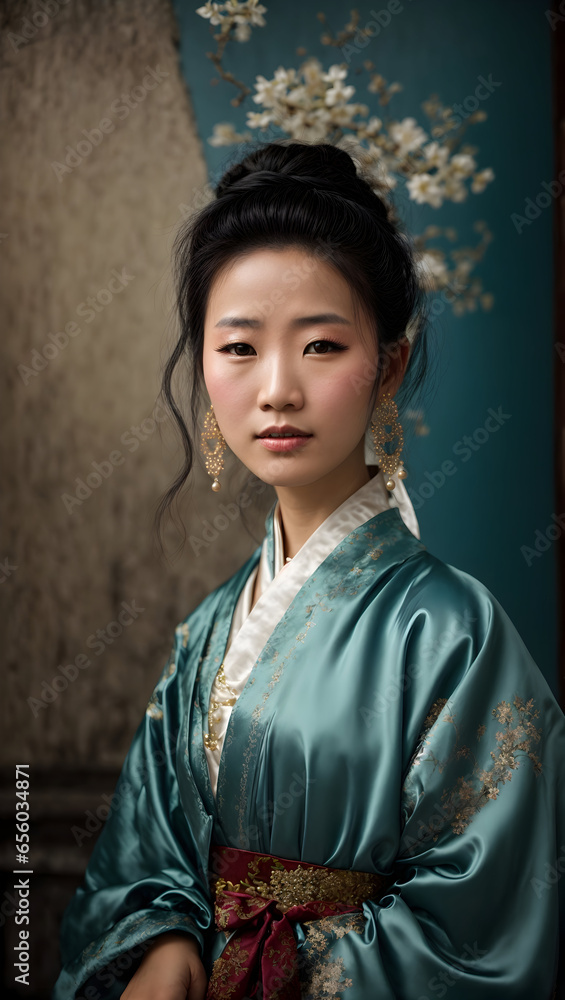 portrait of a sad Chinese woman in a room, beautiful diffused light on her face