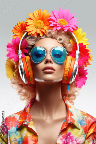 A isolated vibrant portrait of a young woman surrounded by bright colors. She wears headphones, sunglasses and her hair is richly decorated with flowers.