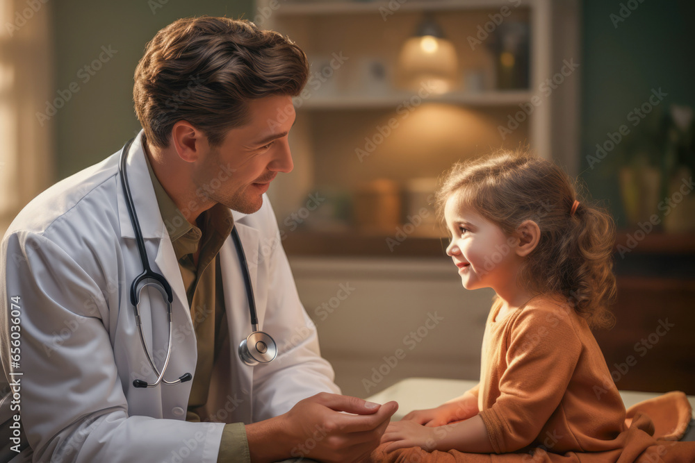 Fototapeta premium A young patient receiving care from a compassionate doctor in a children's hospital, ensuring a comforting and supportive healthcare experience.