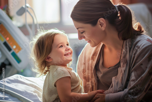 A mother's gentle care provides comfort in a serene children hospital room. Compassionate support during challenging times. © Microgen