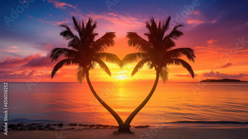 heart shaped palm trees on a tropical beach with sea background and sunset photo