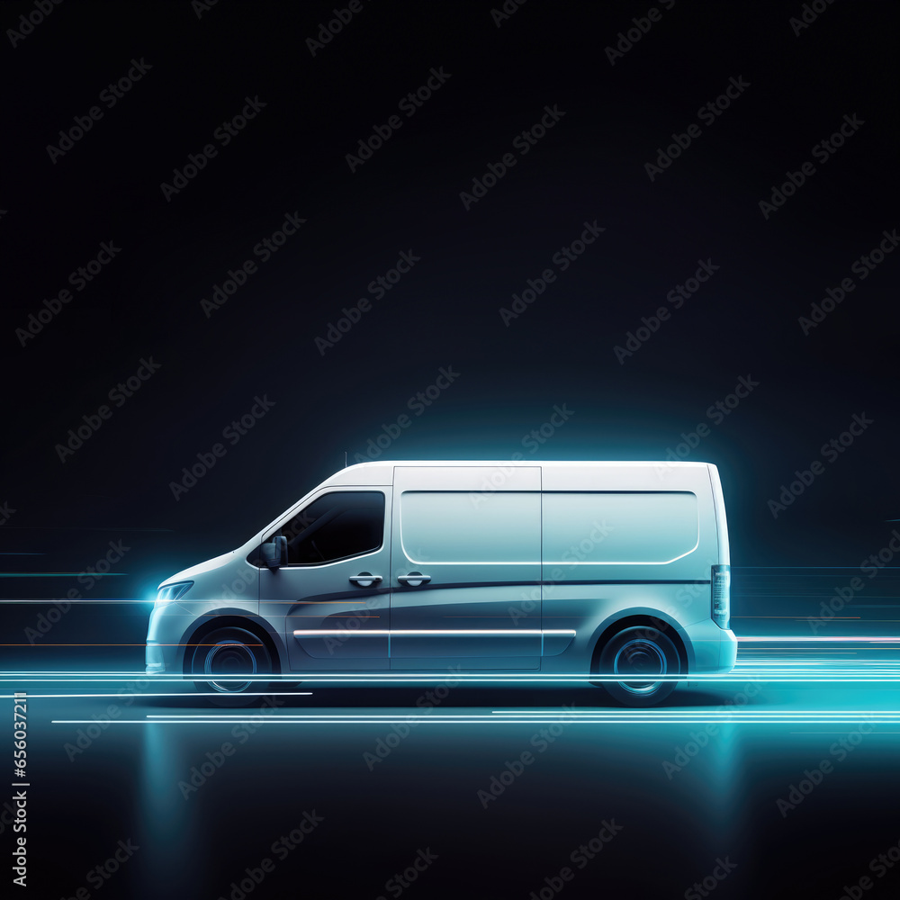 Modern white cargo delivery van left side view speeding in the dark with motion lights with copy space Modern white cargo delivery van left side view speeding in the dark with motion lights with copy space