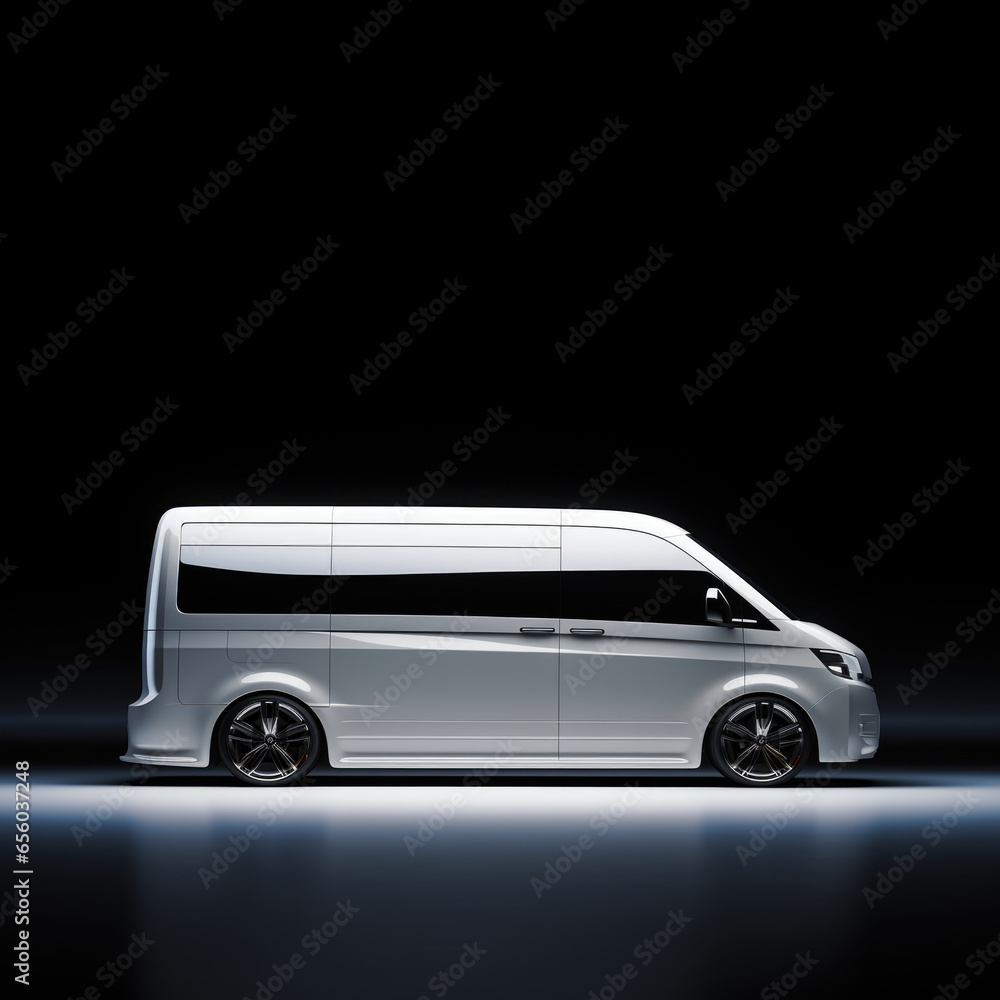 Modern white tuned sporty passenger van right side view in dark studio background with copy space