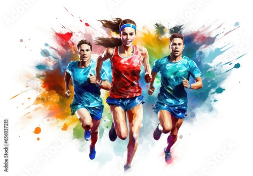Fototapeta Naklejka Na Ścianę i Meble -  Running people. Marathon. Human activity. Design for sport. Sporting a watercolor style with paint splatters. Illustration for cover, card, postcard, interior design, decor or print.