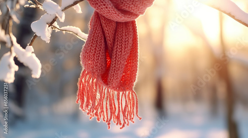 A beautiful red scarf hanging from a tree branch amidst the snow. Scarf on a tree in snow white landscape under daylight.