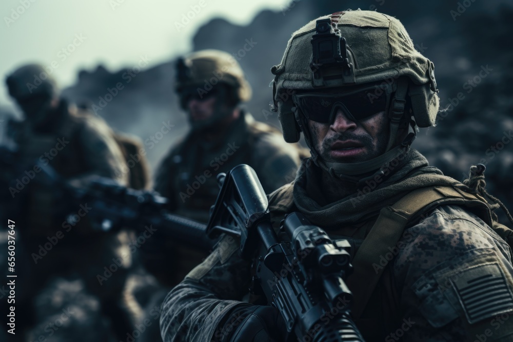 A group of soldiers walking through a rocky area. This image can be used to depict military training, outdoor exploration, or a rugged landscape. A group of soldiers walking through a rocky area. This image can be used to depict military training, outdoor exploration, or a rugged landscape.