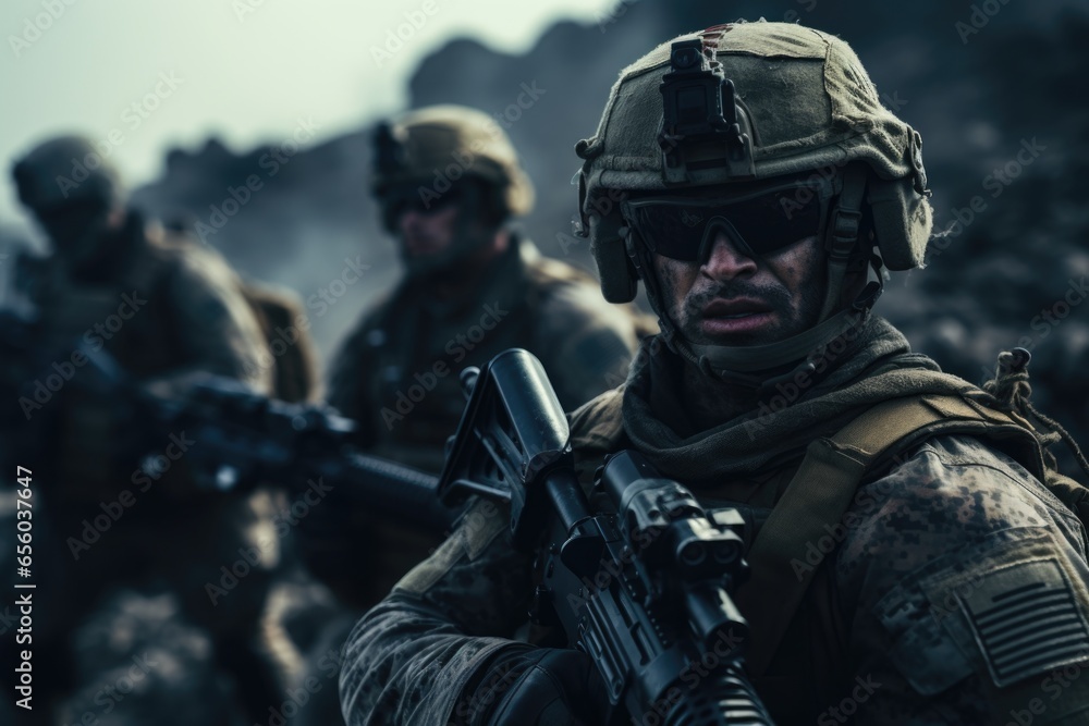 A group of soldiers walking through a rocky area. This image can be used to depict military training, outdoor exploration, or a rugged landscape.