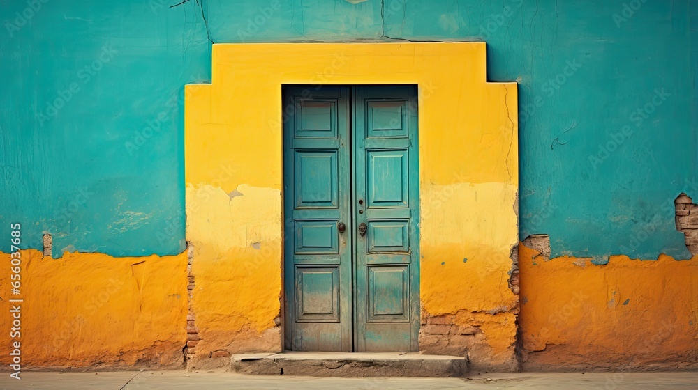 Fototapeta premium The dilapidated wall of the building and the wooden door require major repairs. Facade of a house with damaged plaster. Photophone for retro shooting. Illustration for cover, card, interior design.