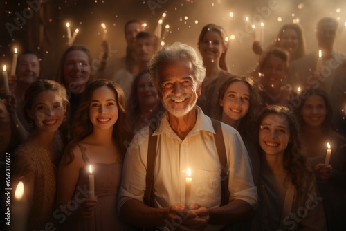 A group of people standing together, each holding a lit candle. This image can be used to symbolize unity, hope, and solidarity. It is perfect for illustrating candlelight vigils, religious ceremonies