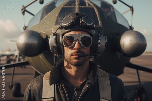 A man wearing a pilot's helmet and goggles standing in front of a plane. This image can be used to depict aviation, pilots, or air travel.