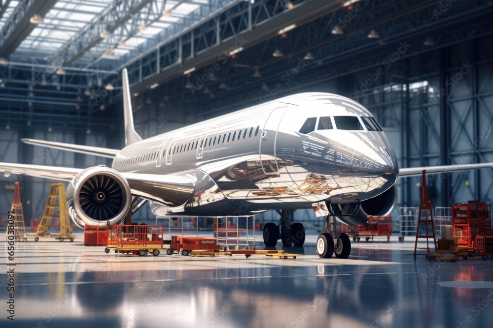 A large jetliner parked inside a spacious hangar. This image can be used to depict the aviation industry, aircraft maintenance, or commercial air travel. A large jetliner parked inside a spacious hangar. This image can be used to depict the aviation industry, aircraft maintenance, or commercial air travel.