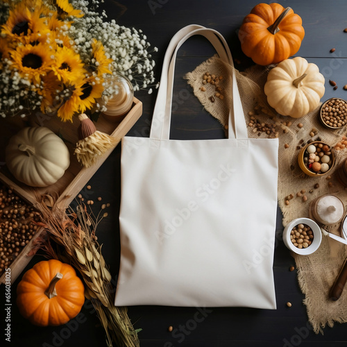 Blank Natural White Canvas Tote Bag Mockup Fall Halloween Thanksgiving Theme Dimly Lit Rustic Setting  photo