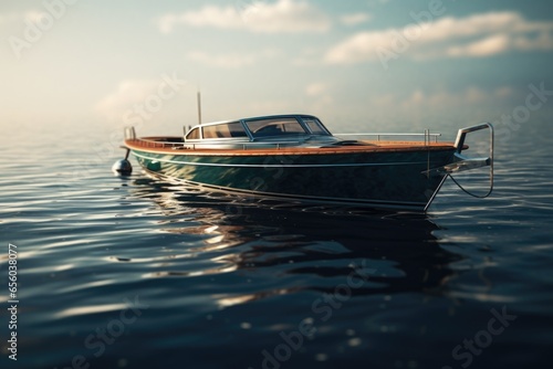 A picture of a small boat peacefully floating on top of a body of water. This image can be used to depict tranquility, relaxation, nature, or outdoor activities.