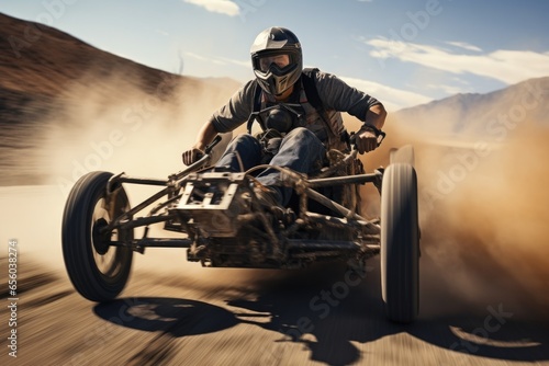 A man is seen riding a four-wheeled vehicle in the vast desert. This image can be used to depict adventure  outdoor activities  and exploration. It is suitable for travel brochures  websites  and maga