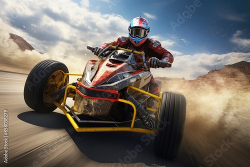 A person is pictured riding a quad bike on a desert road. This image can be used to showcase adventure, outdoor activities, or travel experiences.