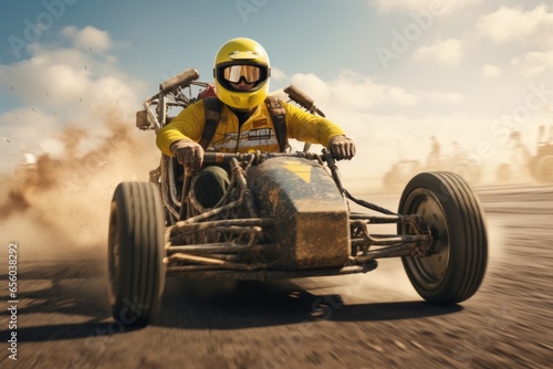A man in a yellow jacket driving a race car. Perfect for showcasing speed and excitement.