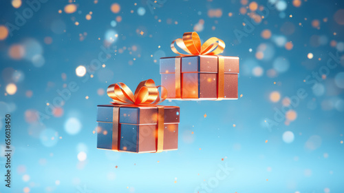 Two colorful gift boxes on blue and white colored background, AI Generated © miro