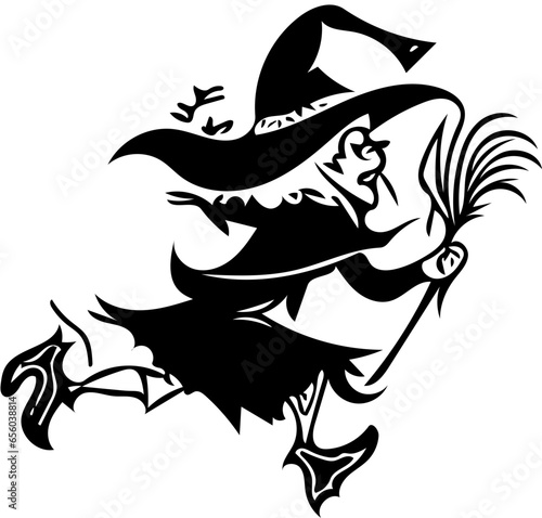 Halloween witch with a broom  black and white illustration of a female wizard in black