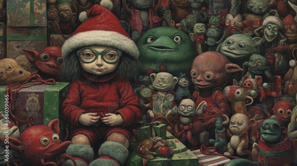 A girl elf in a red cap rests in a warehouse full of toy monsters. Digital art. Illustration for cover, card, postcard, interior design, decor or print. A girl elf in a red cap rests in a warehouse full of toy monsters. Digital art. Illustration for cover, card, postcard, interior design, decor or print.