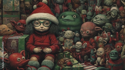 A girl elf in a red cap rests in a warehouse full of toy monsters. Digital art. Illustration for cover, card, postcard, interior design, decor or print.