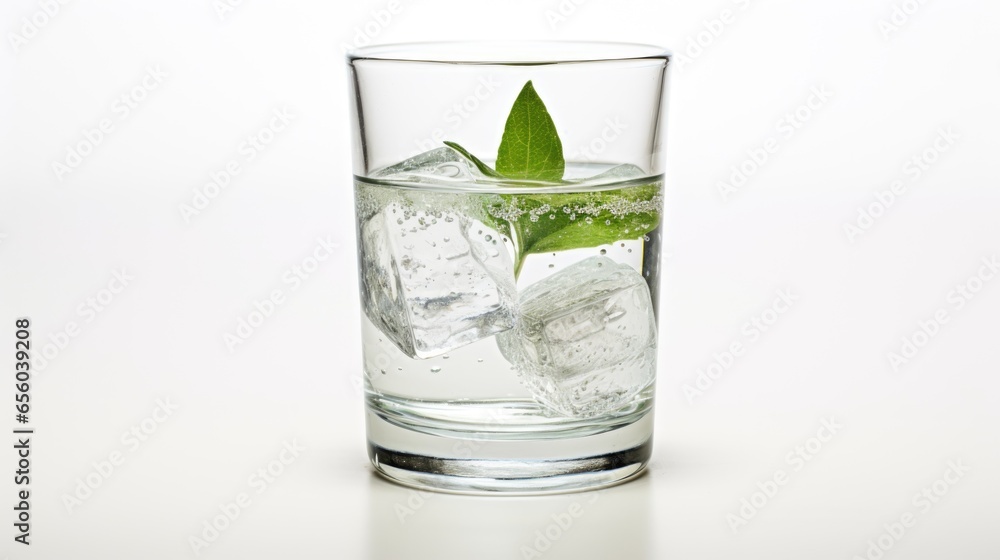Glass of water with ice cubes and green leaves isolated on white background Glass of water with ice cubes and green leaves isolated on white background