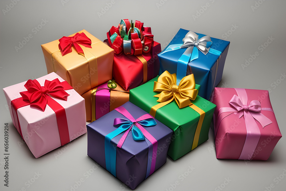 Fototapeta premium Festive Christmas Gift Boxes on Ashen Elegance