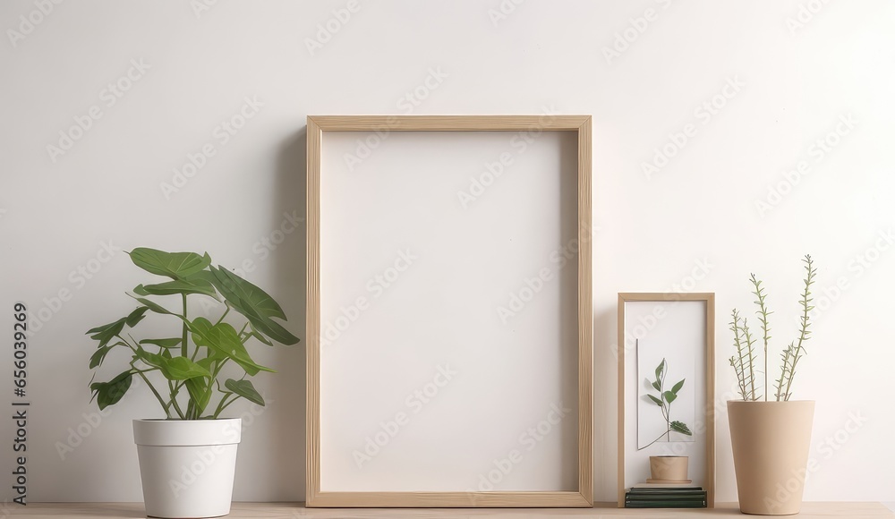 Blank, neutral white wall background, a small vertical wooden frame mockup in a scandinavian interior with a trailing green plant in a pot. Product display. Blank, neutral white wall background, a small vertical wooden frame mockup in a scandinavian interior with a trailing green plant in a pot. Product display.