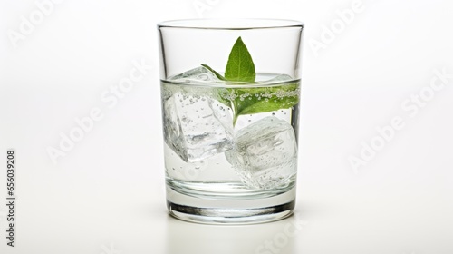 Glass of water with ice cubes and green leaves isolated on white background