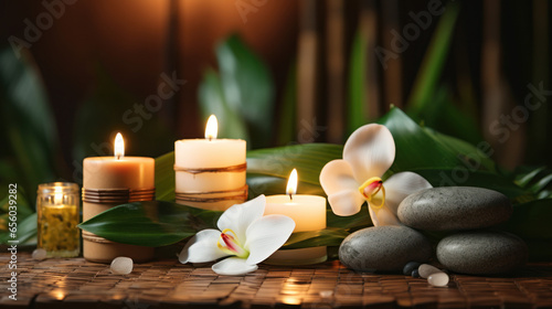 Luxury spa massage salon concept: burning candles, massage stones, orchids, cozy light. 