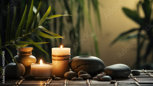 Spa atmosphere: massage stones and candles.