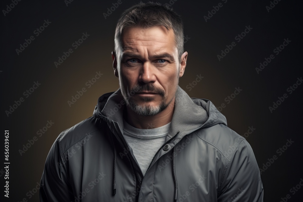 Portrait of a man in a jacket on a dark background.